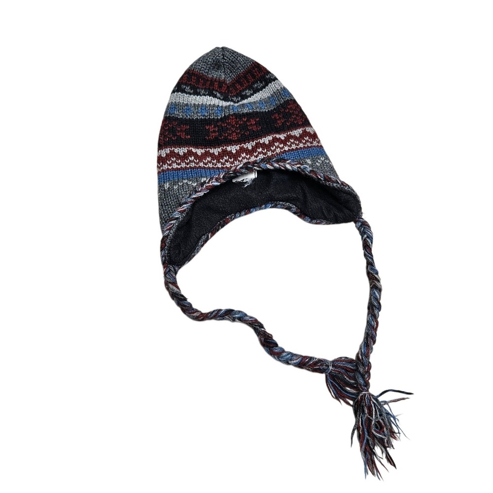 Vintage 90s Route 66 Mens Fair Isle Earflap Beanie Grey Burgundy‎ Fleece Line